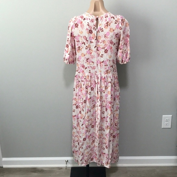 H&M Floral Pink Beige Midi Dress Drop Waist XS - Picture 5 of 6